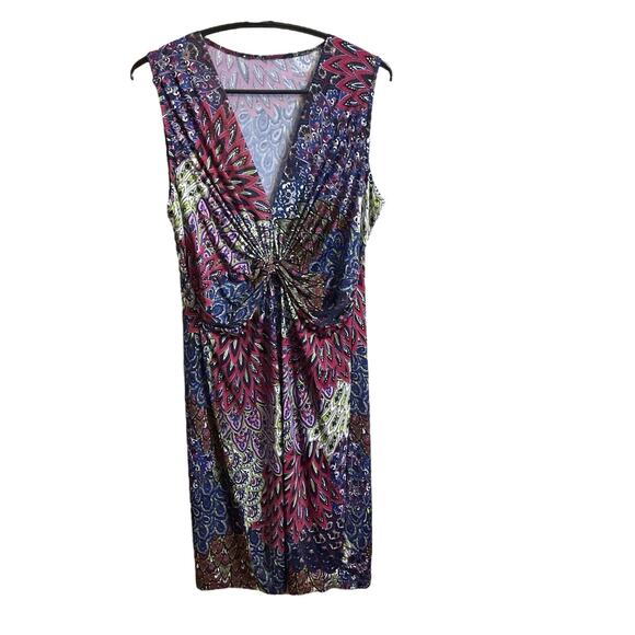 Connected Apparel Colorful Peacock Dress Size XL Sleeveless Vneck Ruched - Picture 1 of 8